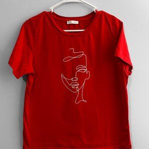 Women Classic Medium M Crew Neck Face Line Printed Short Sleeve RED T-Shirt